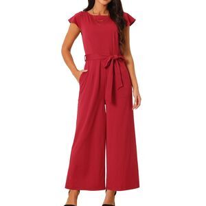 Crew Neck Ruffle Cap Sleeve Belted High Waist Jumpsuits with Pockets Wine Red